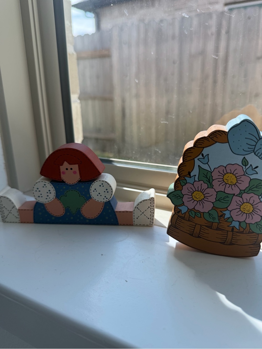 Hand-Painted Wooden Folk Art Girl & Floral Basket - Red, Blue, Pink